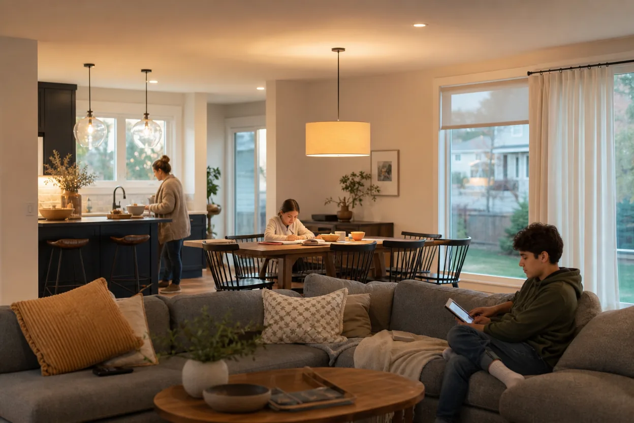 Home scene for Planning Smart Lighting in an Open-Plan Living and Dining Room